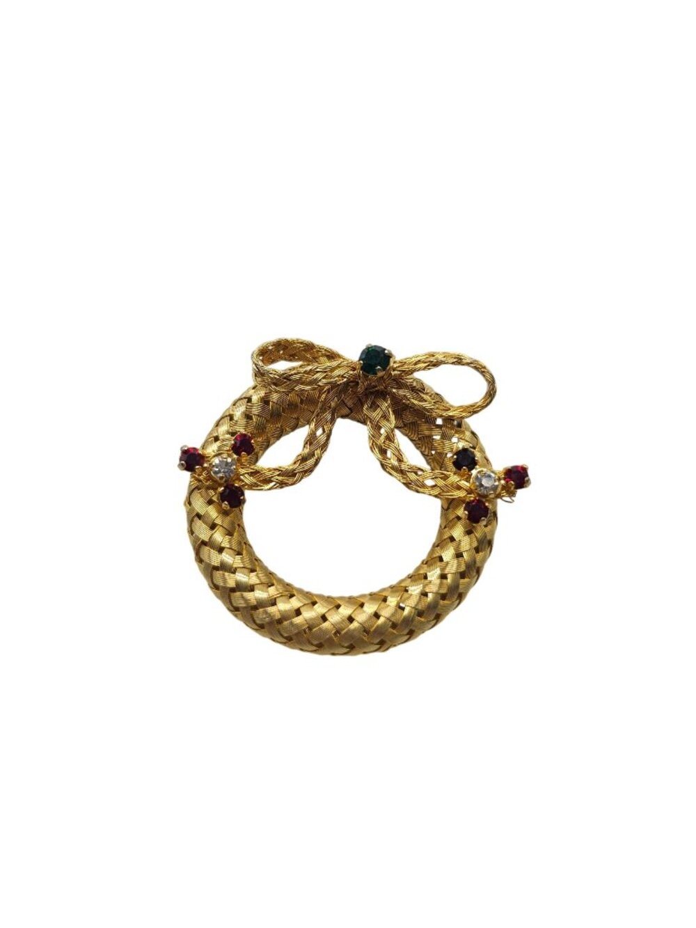 Gold-Tone Wreath Brooch With Bow & Multicolor Rhinestones 1.5 Inches